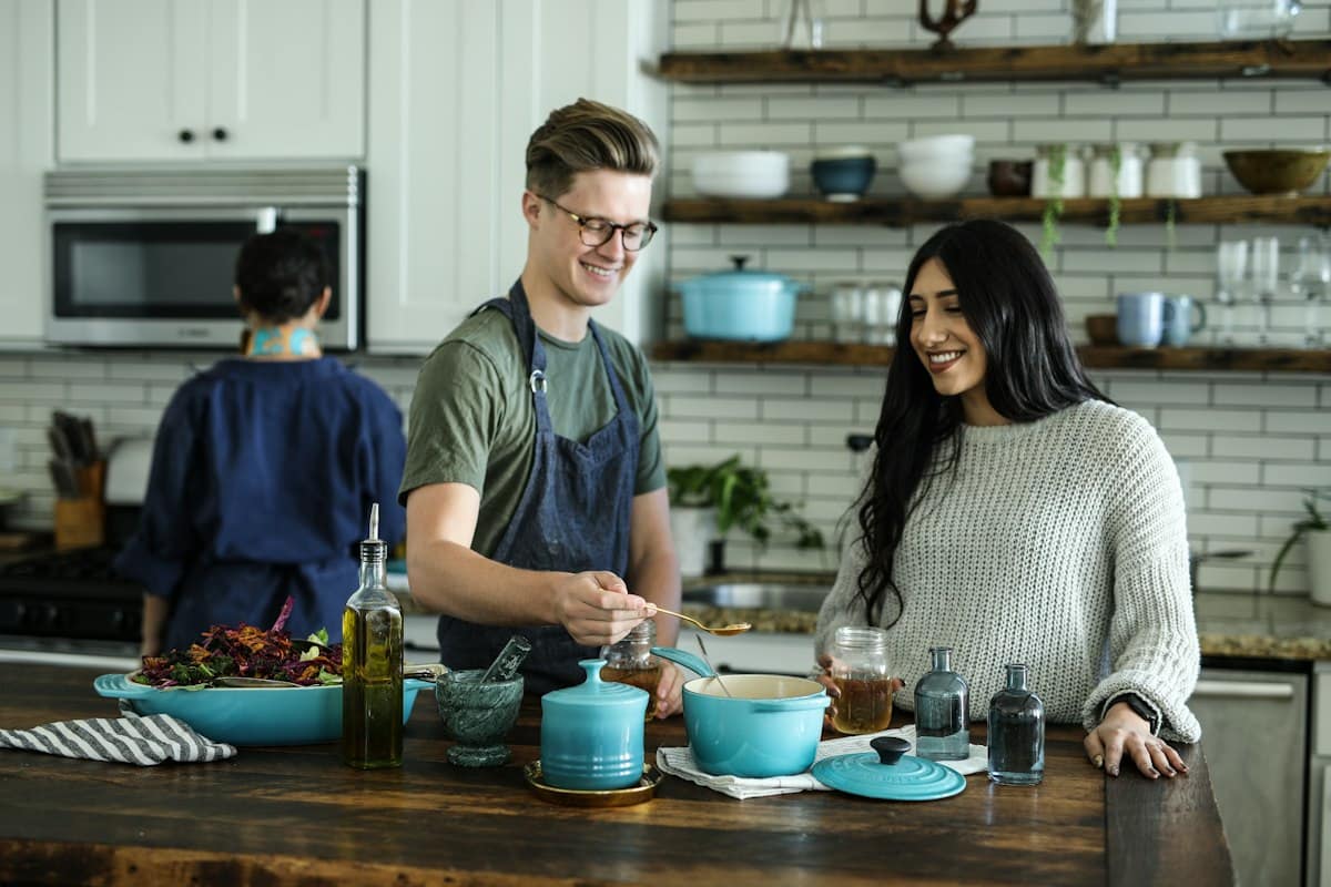 Kitchen counter with ceramic bowls and serving pieces